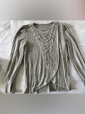 Light Gray Ribbed Knit Top with Lace Insert
